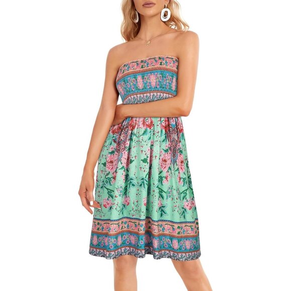 Women Green Pink Boho Strapless Off Shoulder Cover Ups Casual Beach Sundress - Picture 2 of 6